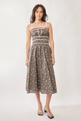 Davi & Dani Contrast Velvet Tape Smocking Bodice Midi Dress OutfitFlow